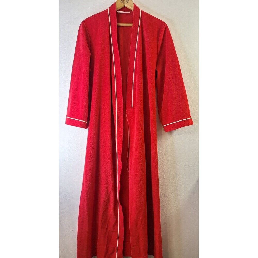 Vintage 70s VANITY FAIR Red LONG ROBE Size M‎ Belted Pockets Fleece House Coat
